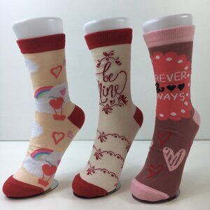 Womens Crew Socks Set 3 Valentines "Be Mine" "Forever And Always" Pink Red Cream